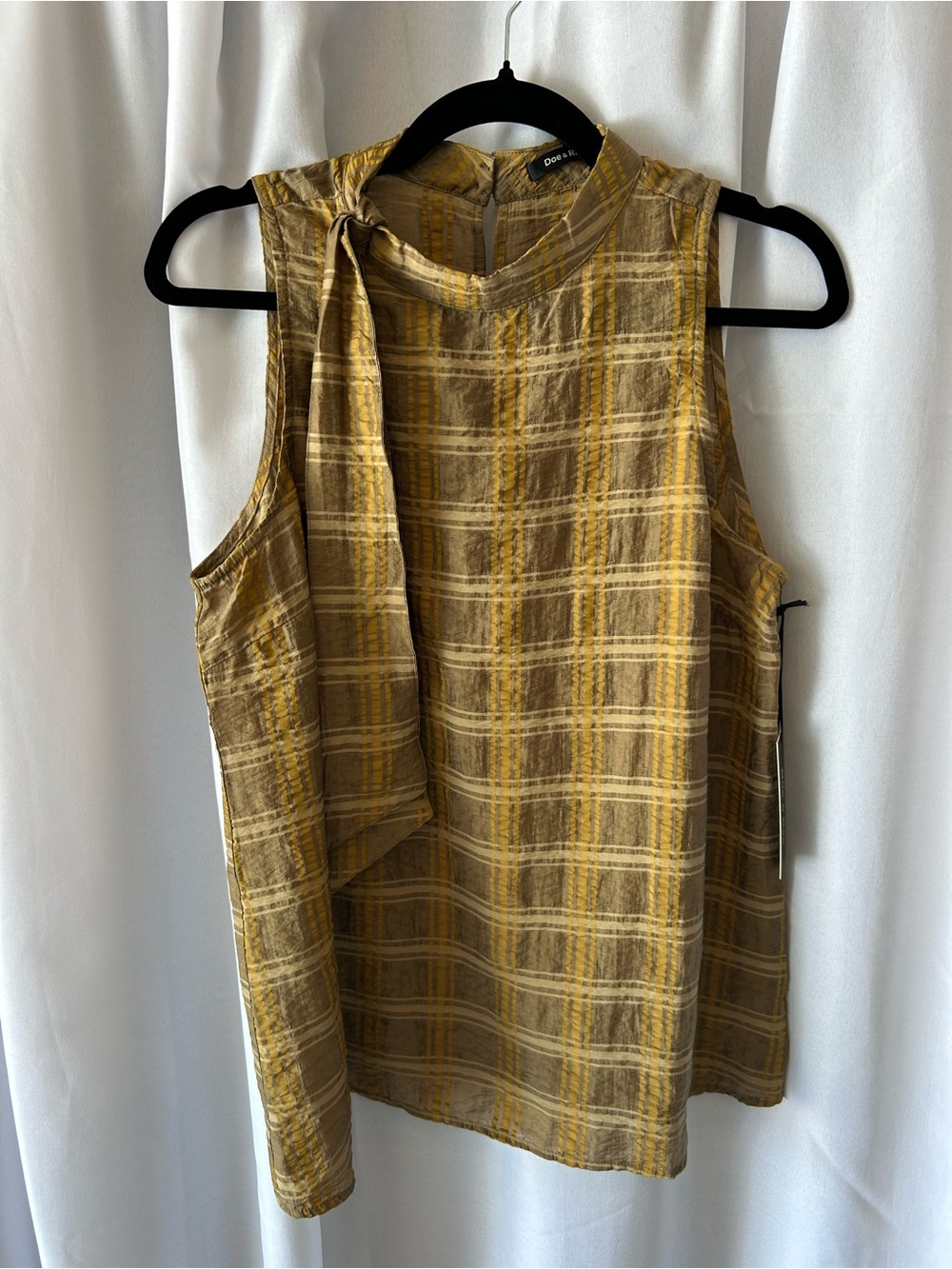 Doe & Rae Yellow Plaid Sleeveless Tie-Neck Top